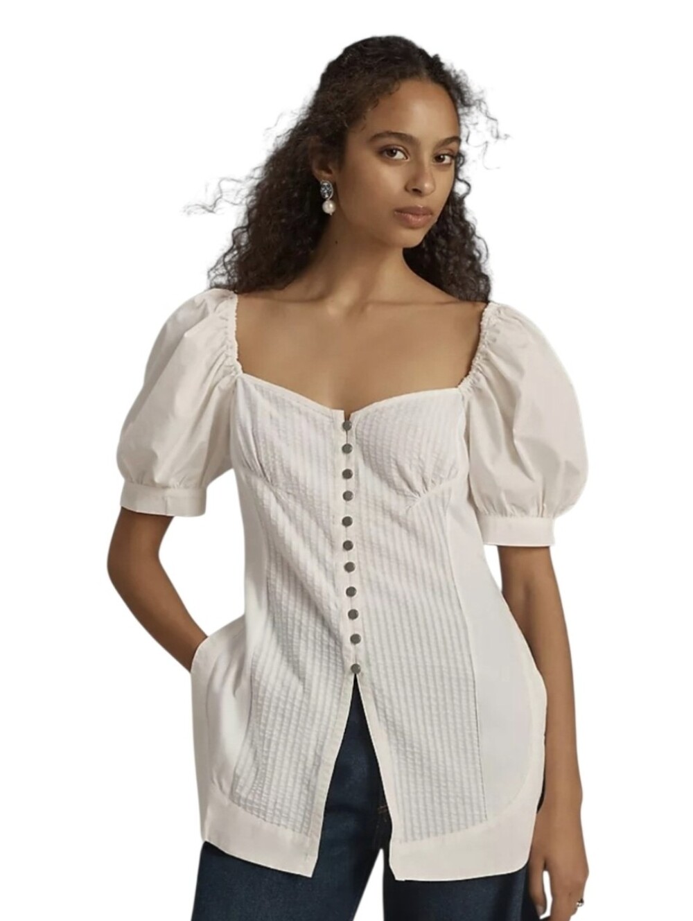 Maeve White Puff Sleeve Button Front Tunic